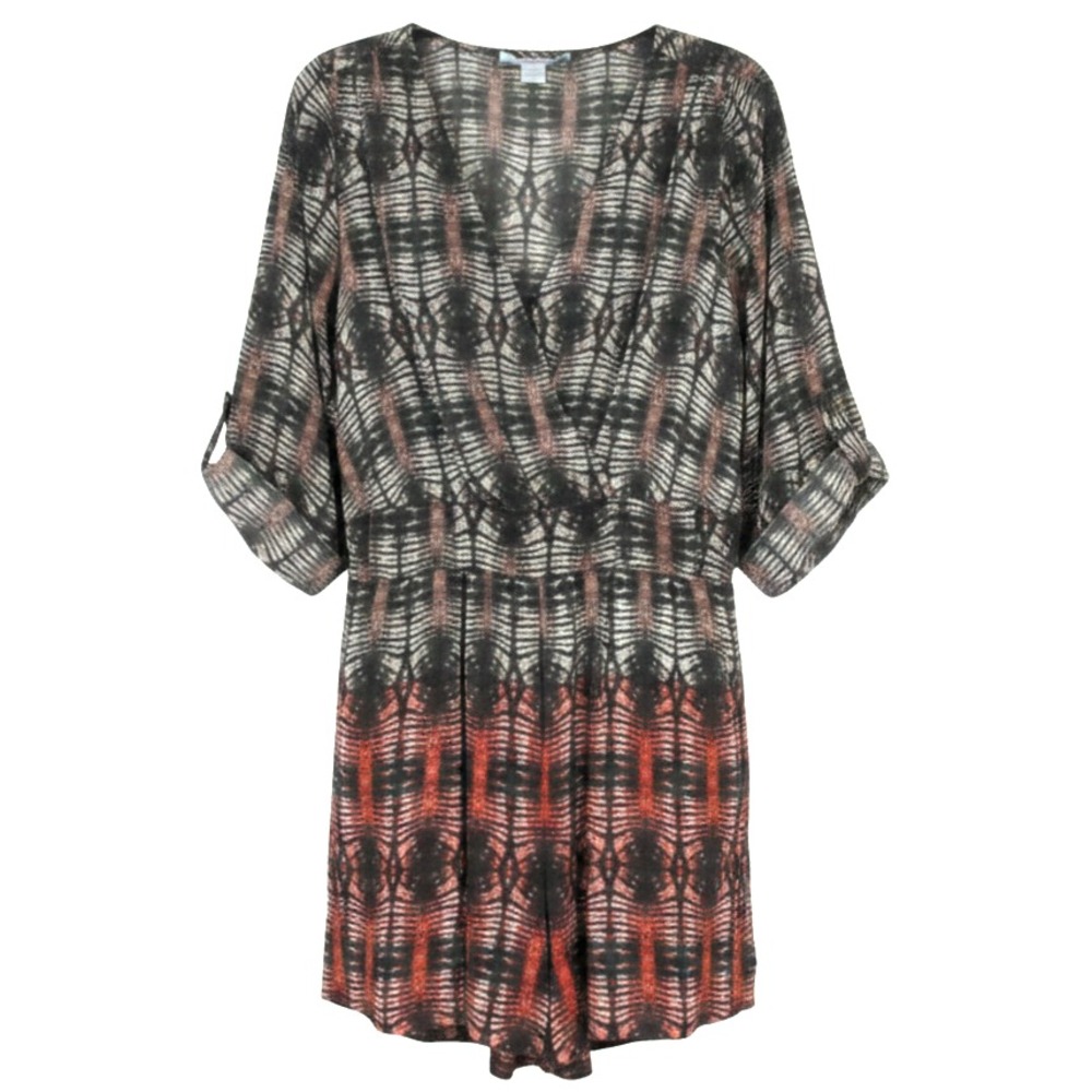 CHARLIE JADE Gray/Multi 100% SILK Roll-Tab Sleeves SURPLICE Romper Jumpsuit XS